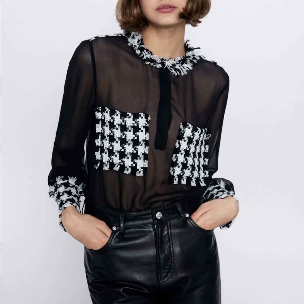 NWT Zara Contrast Tweed Blouse